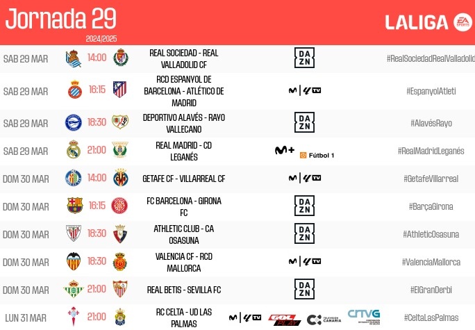 西甲29轮调整:30日23:15巴萨vs赫罗纳,31日1:30毕巴vs奥萨苏纳